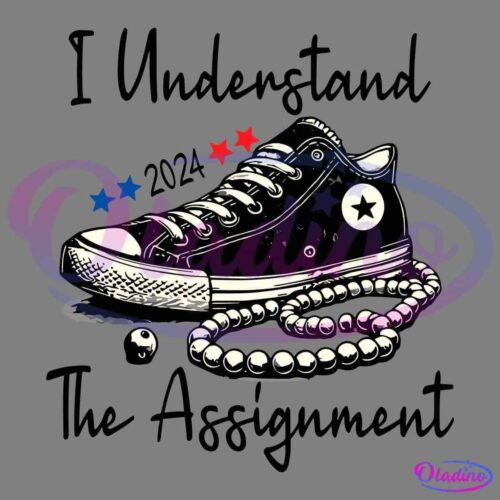 Illustration of a black sneaker with a white star on the ankle, a string of pearls, and red and blue stars above. The background has faint text that reads "I Understand the Assignment.