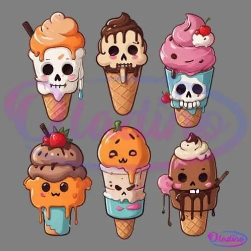 A set of six cute and spooky ice cream cone illustrations with different Halloween-themed designs. Each cone features various facial expressions and decorations like skulls, pumpkins, whipped cream, chocolate, and cherries.