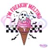 Illustration of a melting pink ice cream cone with a ghost face on top, and two small ghost figures beside it on a black background. Above the ice cream, the text reads "I'M FREAKIN' MELTING" in bold pink letters.