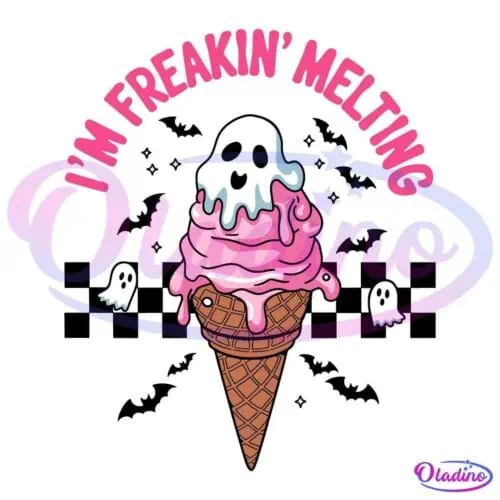 Illustration of a melting pink ice cream cone with a ghost face on top, and two small ghost figures beside it on a black background. Above the ice cream, the text reads "I'M FREAKIN' MELTING" in bold pink letters.