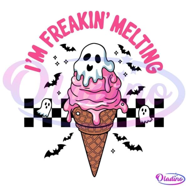 Illustration of a melting pink ice cream cone with a ghost face on top, and two small ghost figures beside it on a black background. Above the ice cream, the text reads "I'M FREAKIN' MELTING" in bold pink letters.