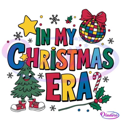 Colorful text reads "IN MY CHRISTMAS ERA?" with festive elements: a star, holly, candy cane, a tree with eyes and red sneakers, a disco ball adorned with a bow, and confetti. The background is black, making the vibrant colors stand out.