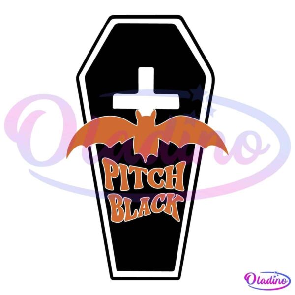 A graphic of a coffin with a white border against a black background. Inside the coffin is an orange bat with outstretched wings over a white cross. The words "Pitch Black" are written in orange below the bat.