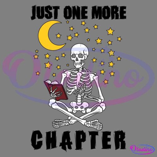 A skeleton is sitting cross-legged, reading an open red book. Above it is a yellow crescent moon surrounded by numerous yellow stars, all set against a black background. The scene gives a whimsical and eerie vibe.