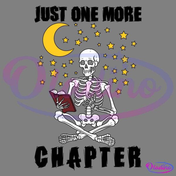 A skeleton is sitting cross-legged, reading an open red book. Above it is a yellow crescent moon surrounded by numerous yellow stars, all set against a black background. The scene gives a whimsical and eerie vibe.