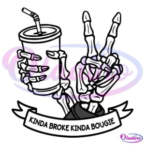 A skeletal hand is holding a cup with a straw in it, and another skeletal hand is making a peace sign. Both hands emerge from a ribbon-like banner at the bottom of the image.