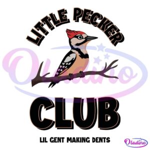 Illustration of a woodpecker perched on a branch with the text "Little Pecker Club" above and below the bird. The woodpecker is colored with a red crest, black, white, and brown feathers. The design is on a black background.