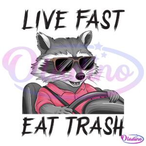 Illustration of a raccoon wearing sunglasses and a red shirt, gripping a steering wheel as if driving. The phrase "LIVE FAST, EAT TRASH" is written in bold capital letters above and below the raccoon. The background is black.