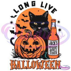 Illustration of a black cat, a carved jack-o'-lantern, and a bottle labeled "Jack's Spooky Apple Cider" against an orange moonlit sky with flying bats. Text above reads "Long Live Halloween" and below reads "HALLOWEEN".