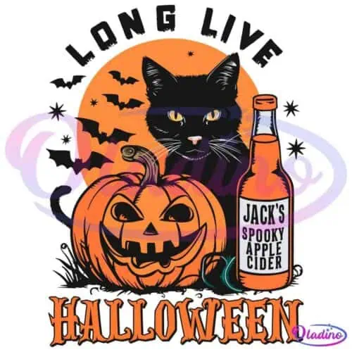 Illustration of a black cat, a carved jack-o'-lantern, and a bottle labeled "Jack's Spooky Apple Cider" against an orange moonlit sky with flying bats. Text above reads "Long Live Halloween" and below reads "HALLOWEEN".