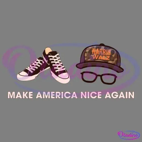 An illustration features a pair of black and white sneakers, a camouflage baseball cap with "HARRIS WALZ" written on it, and black-rimmed glasses. Below these items, the text reads "MAKE AMERICA NICE AGAIN" in a light pink font.