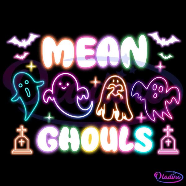 A vibrant Halloween-themed graphic features colorful ghosts in blue, purple, pink, and orange. The text "MEAN GHOULS" is written in large, playful letters. Purple bats and gravestones are included in the background, adding to the festive atmosphere.