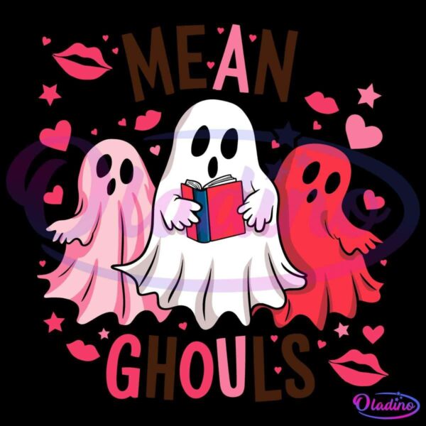 A playful illustration features three ghost characters, one holding a book, surrounded by hearts and stars. The text "Mean Ghouls" is prominently displayed above and below the ghosts.