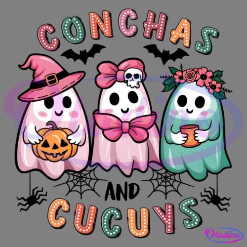 Three cute ghost characters are standing together. One ghost is wearing a witch hat and holding a pumpkin, another has a big bow with a skull and a bow tie, and the last wears a flower crown and holds a cup. Decorative text above and below reads "Conchas Cucuys.