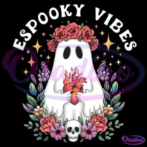 A ghost wearing a floral crown holds a flaming heart in front of its chest. Surrounding the ghost are colorful flowers, a small skull at the bottom, and sparkling stars. The words "ESPOOKY VIBES" are displayed at the top in large, bold letters.