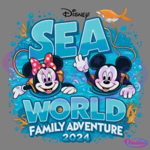 Cartoon characters, resembling a mouse with red bow and another mouse with scuba gear, swim underwater amidst colorful seaweed. The text reads "Sea World Family Adventure 2024" with a fish swimming above the text.