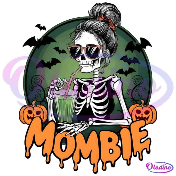 A skeleton wearing sunglasses sips a green drink through a straw, its hair styled in a bun. The background features bats flying against a green moon-like circle. Carved pumpkins flank the skeleton, and the word "MOMBIE" appears in dripping orange letters at the bottom.