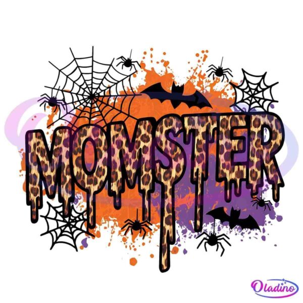 A graphic with the word "MOMSTER" written in leopard print and gothic-style font. The text has dripping effects, and the background features an orange sky with a spider web, black bats, and splatters of purple and black paint.