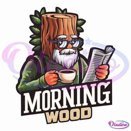 Illustration of a cartoon character with a tree trunk for a head, wearing glasses and a green top, holding a coffee cup in one hand and a newspaper in the other. The text "MORNING WOOD" is prominently displayed below the character.