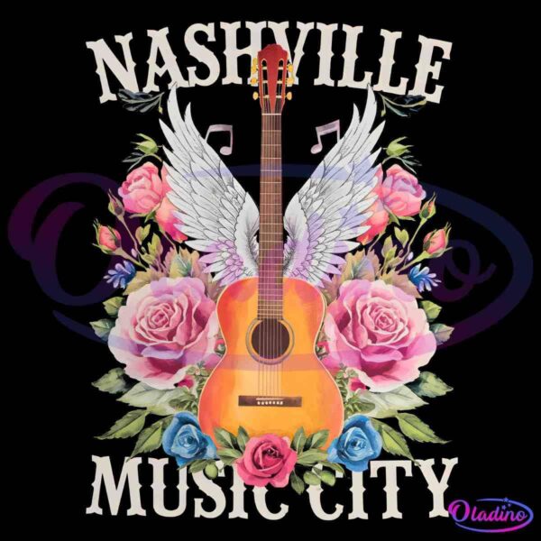 Illustration of an acoustic guitar with angel wings, surrounded by pink and blue roses, and music notes in the background. The text "Nashville Music City" arches above and below the guitar.