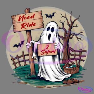 Illustration of a ghost holding a sign that reads "Need Ride 2 Salem." The background features a spooky scene with bare trees, bats, a wooden fence, and a basket of apples on the ground. The ghost looks distressed and desperate for a ride.