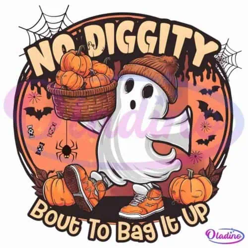 A playful ghost wearing sneakers and an orange beanie carries a basket of pumpkins. Surrounding the ghost are bats, spiders, and more pumpkins. The text reads "NO DIGGITY BOUT TO BAG IT UP" in bold, playful font. The background is Halloween-themed.