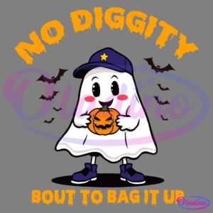 A cute cartoon ghost wearing a navy blue hat, sneakers, and a star shirt holds a pumpkin candy bucket. The ghost is surrounded by flying bats. The text around the ghost reads, "NO DIGGITY BOUT TO BAG IT UP.