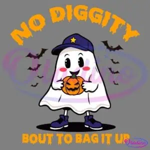 A cute cartoon ghost wearing a navy blue hat, sneakers, and a star shirt holds a pumpkin candy bucket. The ghost is surrounded by flying bats. The text around the ghost reads, "NO DIGGITY BOUT TO BAG IT UP.