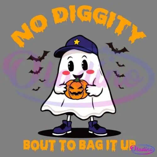 A cute cartoon ghost wearing a navy blue hat, sneakers, and a star shirt holds a pumpkin candy bucket. The ghost is surrounded by flying bats. The text around the ghost reads, "NO DIGGITY BOUT TO BAG IT UP.