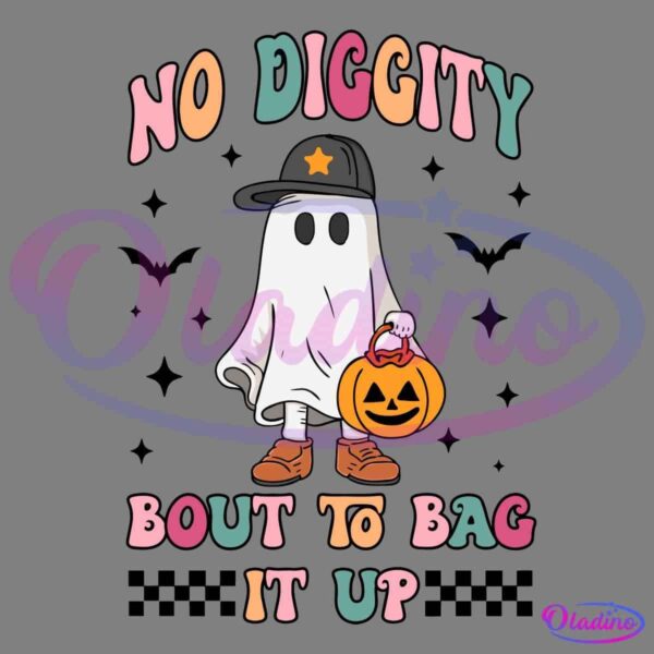 A cartoon ghost wearing a star-emblazoned cap, brown boots, and holding a pumpkin-shaped candy bucket. Colorful text above and below the ghost reads, "No Diggity Bout To Bag It Up." The background is black.