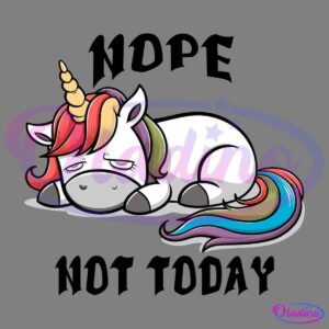 A cute cartoon unicorn lies down, appearing tired or sleepy. It has a white body, a golden horn, and a mane and tail with vibrant colors of red, orange, yellow, green, blue, and purple. The background is blank, emphasizing the unicorn.