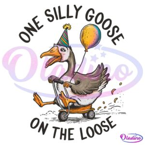 A cartoon of a goose wearing a party hat, holding a balloon, and riding a skateboard. The goose looks excited with its beak open and wings flapping. Text around the image reads, "One Silly Goose On The Loose.