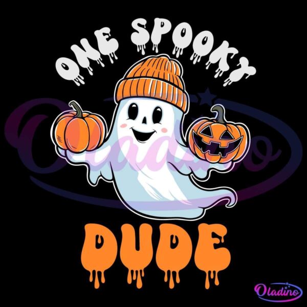 A cartoon ghost wearing an orange beanie and holding two pumpkins, one of which is carved. Above the ghost, the text reads "One Spooky," and below it, the text reads "Dude" in dripping, orange letters.