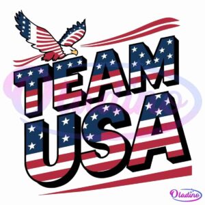 Graphic with the words "TEAM USA" in large bold letters, filled with a pattern of red, white, and blue stripes and stars, resembling the American flag. Above the words is a stylized eagle also adorned with the American flag design, appearing to be flying.