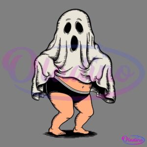 A cartoon-like illustration of a person standing and wearing a white ghost sheet with eye and mouth cutouts. The person is visible from the waist down, wearing black underwear and has bare legs. The background is solid black.