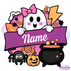 Cute Halloween-themed illustration with a smiling ghost holding a purple banner that says "Name." Surrounding the ghost are festive elements like candy, a lightning bolt, stars, a spider, a winking jack-o'-lantern, and a bubbling cauldron.