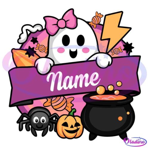 Cute Halloween-themed illustration with a smiling ghost holding a purple banner that says "Name." Surrounding the ghost are festive elements like candy, a lightning bolt, stars, a spider, a winking jack-o'-lantern, and a bubbling cauldron.