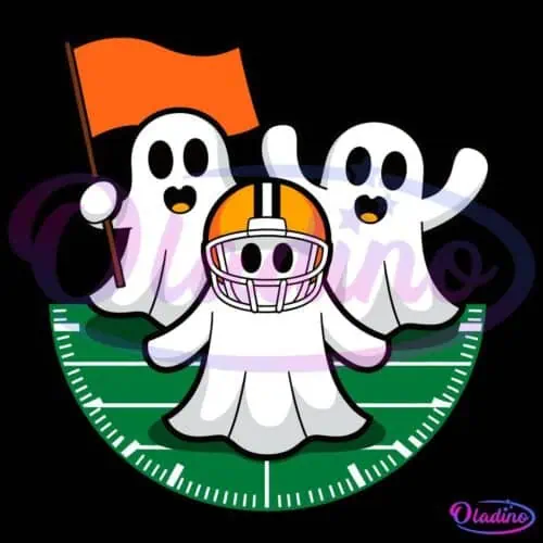 Illustration of three cute ghosts. One ghost holds an orange flag, and another wears an orange football helmet. They stand on a football field with yard lines, with expressions conveying excitement.