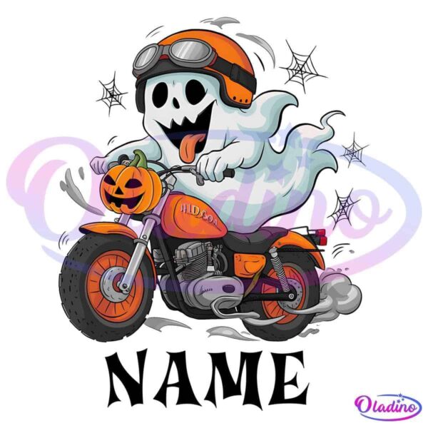 An excited cartoon ghost wearing an orange helmet rides an orange motorcycle. The motorcycle has a jack-o'-lantern headlight and is kicking up smoke from the back tires. The ghost looks thrilled with its tongue out and hands gripping the handlebars.