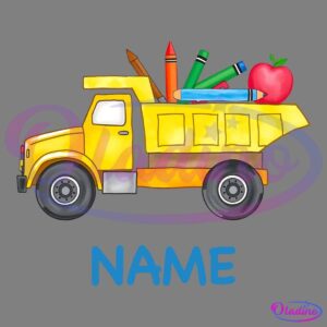 A yellow dump truck filled with school supplies, including a red apple, colorful pencils, books, and a ruler. The truck is illustrated on a transparent background with "back to school" text written in blue beneath it.