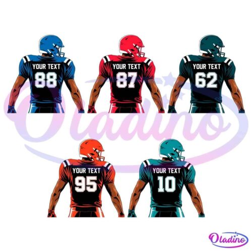 Five American football players wearing helmets and uniforms stand facing away. Their jerseys have placeholders reading "YOUR TEXT" with different numbers: 88 (blue), 87 (red), 62 (black), 95 (orange), and 10 (teal).