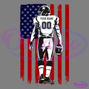 Illustration of an American football player standing with his back to the viewer, holding a football. His jersey says "YOUR NAME" and "00." The background is a graphic of a distressed American flag with black and red stripes and a dark blue section with black stars.