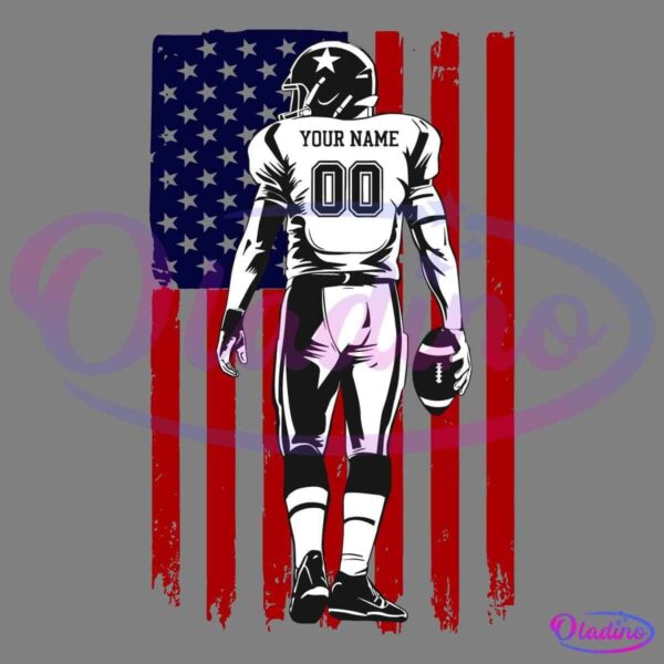 Illustration of an American football player standing with his back to the viewer, holding a football. His jersey says "YOUR NAME" and "00." The background is a graphic of a distressed American flag with black and red stripes and a dark blue section with black stars.