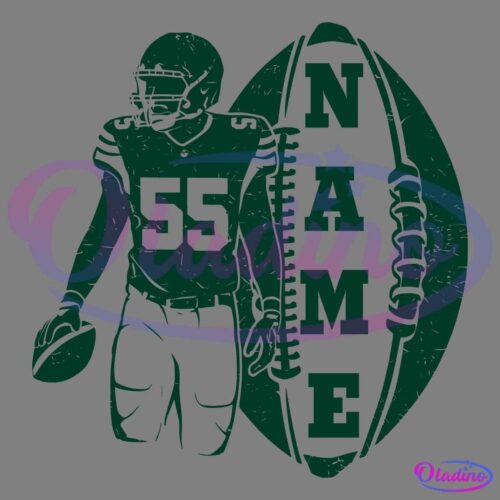 Illustration of an American football player wearing a helmet and jersey number 55, holding a football in one hand. Next to the player, there is a large stylized football with the word "NAME" running vertically along it. The artwork is in dark green.