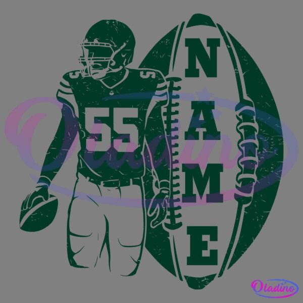 Illustration of an American football player wearing a helmet and jersey number 55, holding a football in one hand. Next to the player, there is a large stylized football with the word "NAME" running vertically along it. The artwork is in dark green.