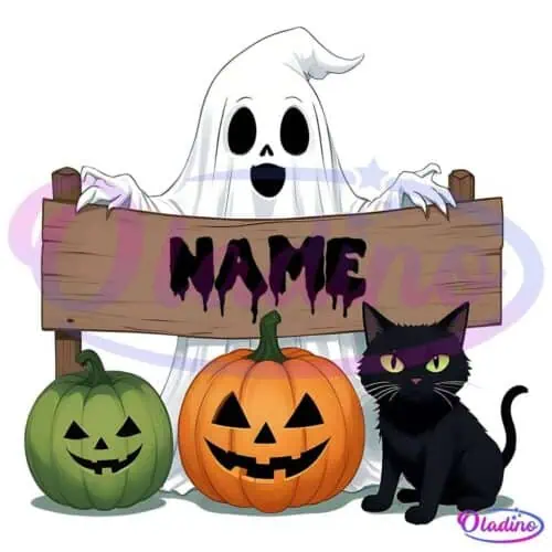 A cartoon ghost holding a wooden sign labeled "NAME" with a spooky font. Below the sign are two jack-o'-lanterns, one green and one orange. To the right of the pumpkins sits a black cat with green eyes.