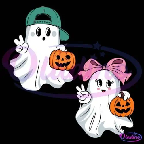 Two cute cartoon ghosts holding Jack-o'-lantern buckets. The ghost on the left wears a green cap and flashes a peace sign. The ghost on the right has a pink bow and also shows a peace sign. Both are smiling and look festive.