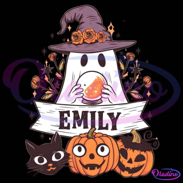 A Halloween-themed illustration featuring a cute ghost wearing a purple witch hat adorned with orange roses, holding a glowing orb. Below, a banner with the name "Emily" is surrounded by a black cat and two carved pumpkins with different expressions.