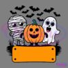 Cartoon illustration of a mummy and a ghost standing with a carved jack-o'-lantern, looking cheerful and playful. Below them is a blank, orange rectangular sign for custom text. The background is black, creating a spooky Halloween-themed scene.
