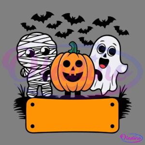 Cartoon illustration of a mummy and a ghost standing with a carved jack-o'-lantern, looking cheerful and playful. Below them is a blank, orange rectangular sign for custom text. The background is black, creating a spooky Halloween-themed scene.